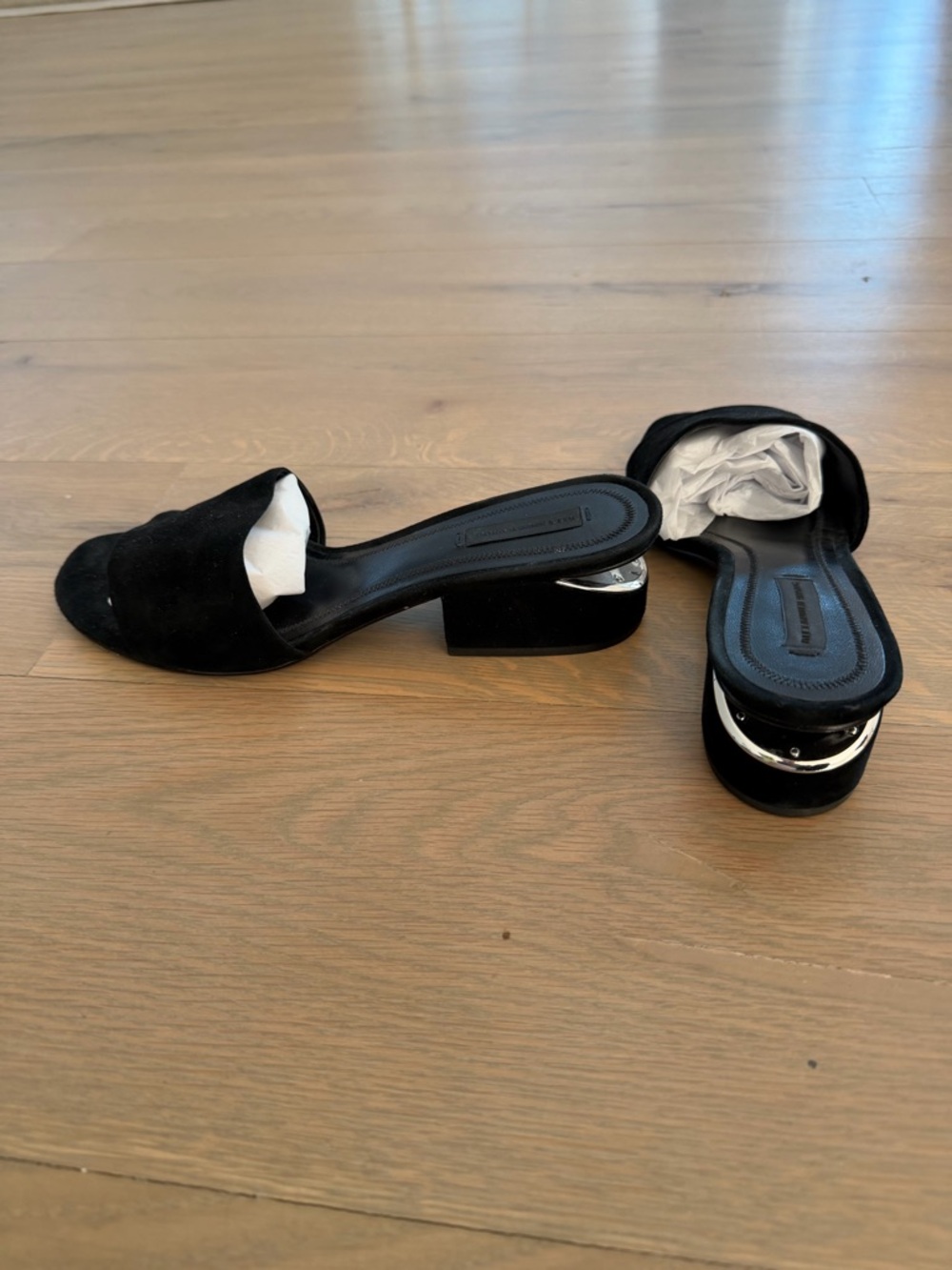 Alexander Wang Black Suede Slides. Metal detail on heel. Great condition!